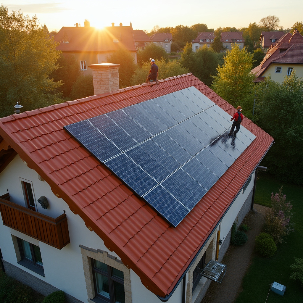 Rodinný dům s nově instalovanými solárními panely na sedlové střeše