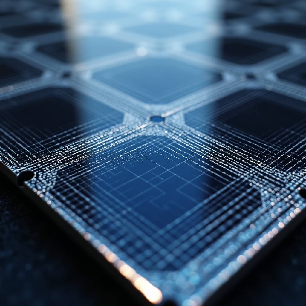 Detailní záběr na fotovoltaický panel ukazující strukturu křemíkových článků